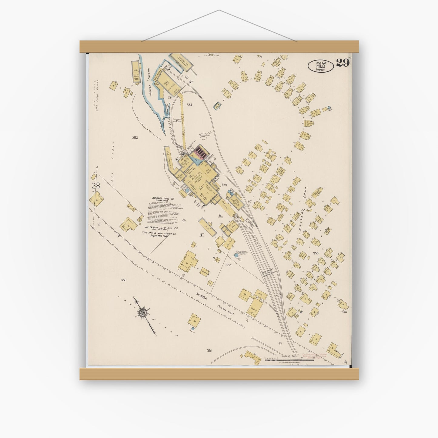 Old map wall art mockup — magnetic wood frame on white wall — Sanborn Fire Insurance Map from Hilo, Hawaii County, Hawaii (1921), Sheet #0029