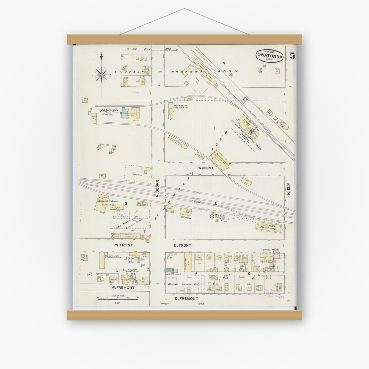 Old map wall art mockup — magnetic wood frame on white wall — Sanborn Fire Insurance Map from Owatonna, Steele County, Minnesota (1889), Sheet #0005