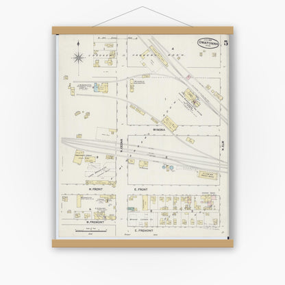 Old map wall art mockup — magnetic wood frame on white wall — Sanborn Fire Insurance Map from Owatonna, Steele County, Minnesota (1889), Sheet #0005