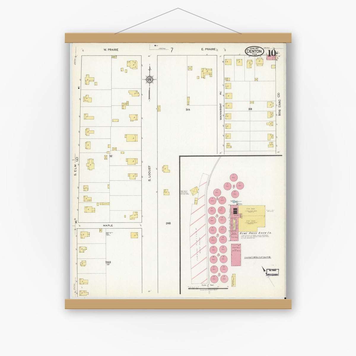 Old map wall art mockup — magnetic wood frame on white wall — Sanborn Fire Insurance Map from Denton, Denton County, Texas (1917), Sheet #0010