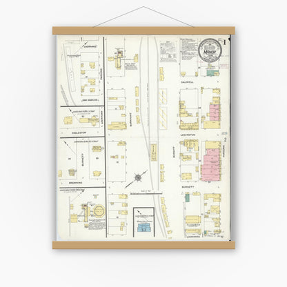 Old map wall art mockup — magnetic wood frame on white wall — Sanborn Fire Insurance Map from Manor, Travis County, Texas (1910), Sheet #0001