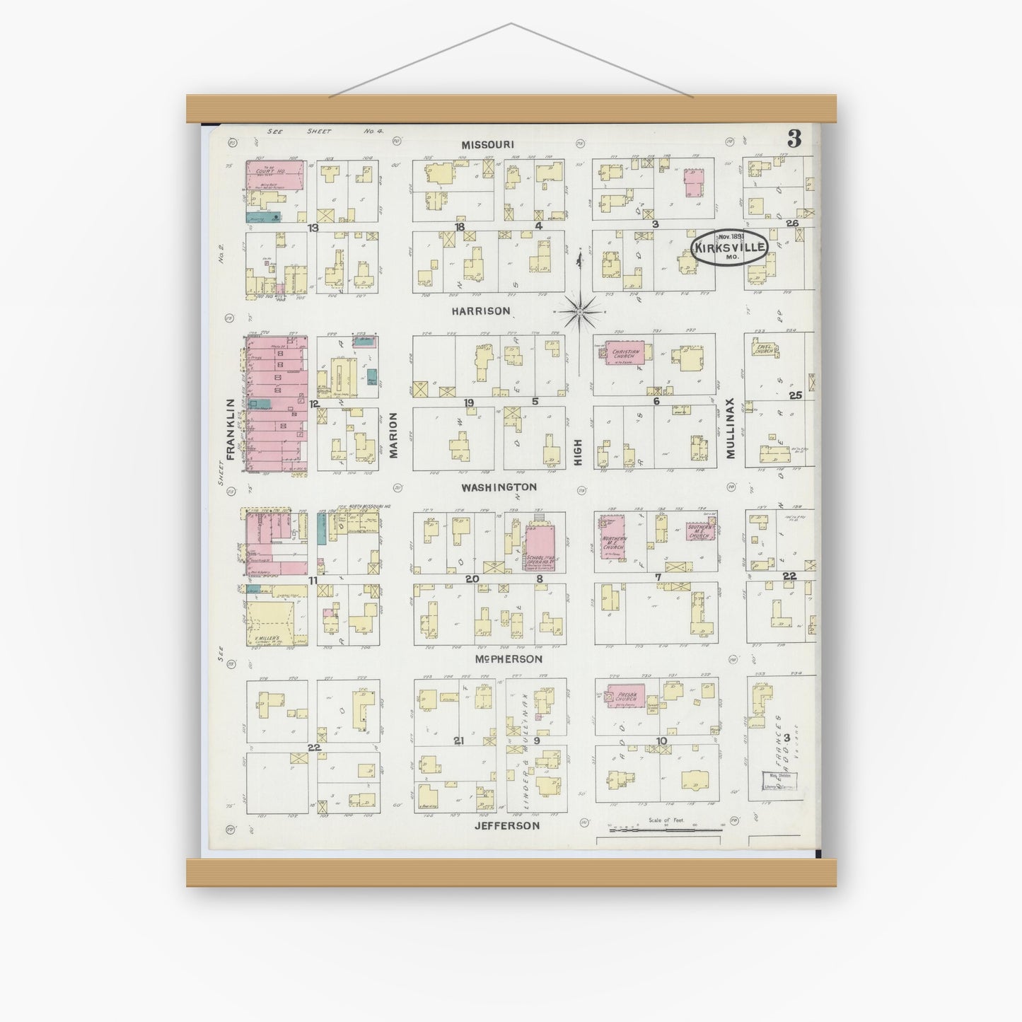 Old map wall art mockup — magnetic wood frame on white wall — Sanborn Fire Insurance Map from Kirksville, Adair County, Missouri (1891), Sheet #0003