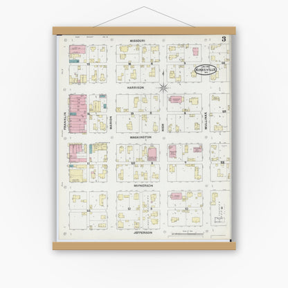 Old map wall art mockup — magnetic wood frame on white wall — Sanborn Fire Insurance Map from Kirksville, Adair County, Missouri (1891), Sheet #0003