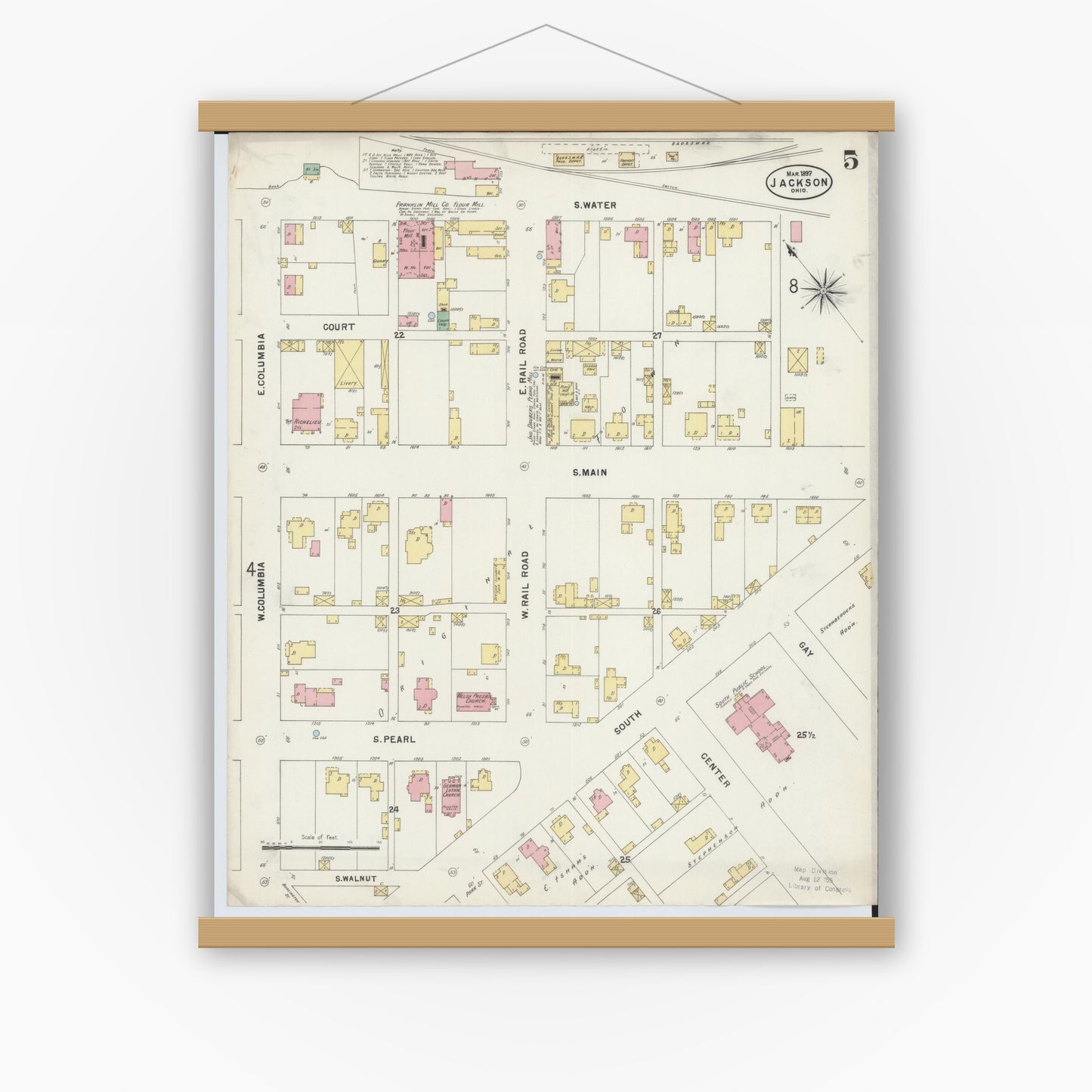 Old map wall art mockup — magnetic wood frame on white wall — Sanborn Fire Insurance Map from Jackson, Jackson County, Ohio (1897), Sheet #0005