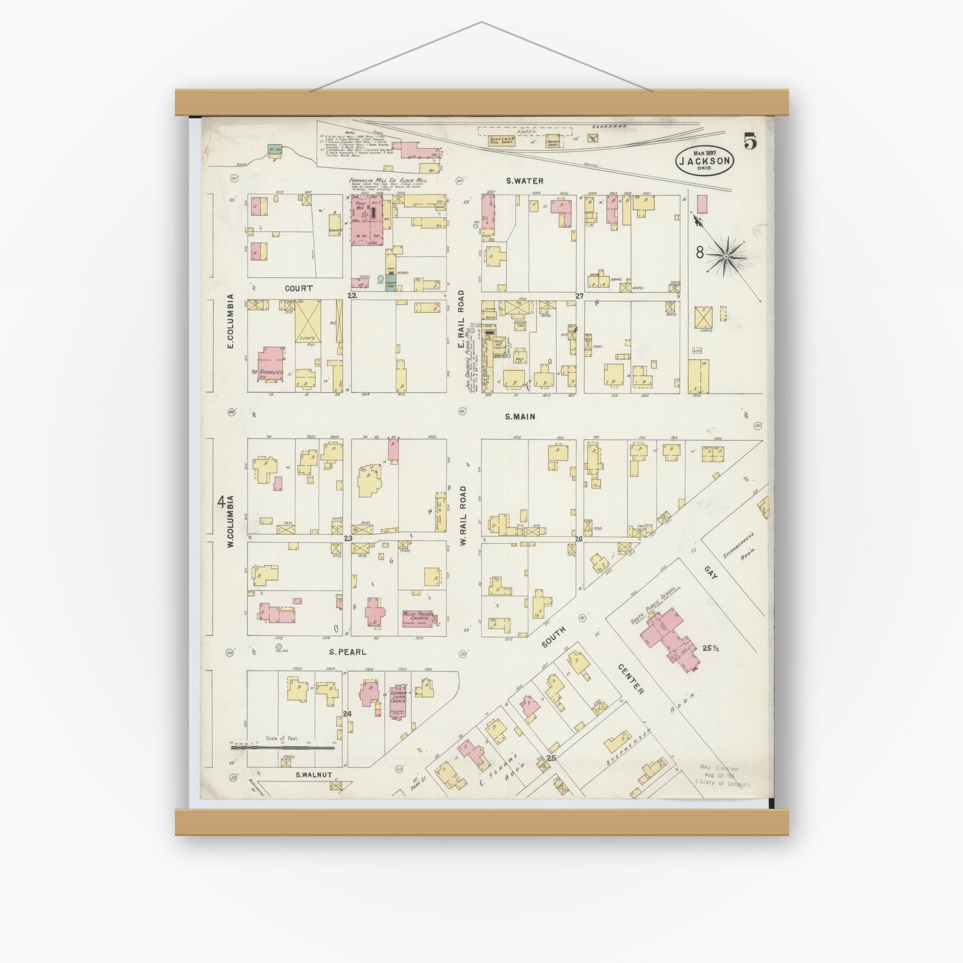 Old map wall art mockup — magnetic wood frame on white wall — Sanborn Fire Insurance Map from Jackson, Jackson County, Ohio (1897), Sheet #0005