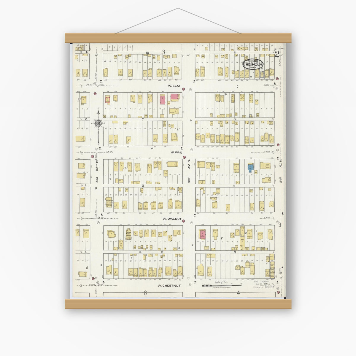 Old map wall art mockup — magnetic wood frame on white wall — Sanborn Fire Insurance Map from Chisholm, Saint Louis County, Minnesota (1921), Sheet #0002