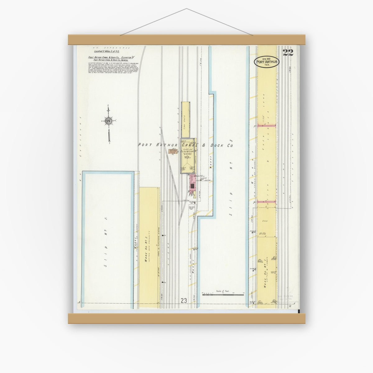 Old map wall art mockup — magnetic wood frame on white wall — Sanborn Fire Insurance Map from Port Arthur, Jefferson County, Texas (1910), Sheet #0022