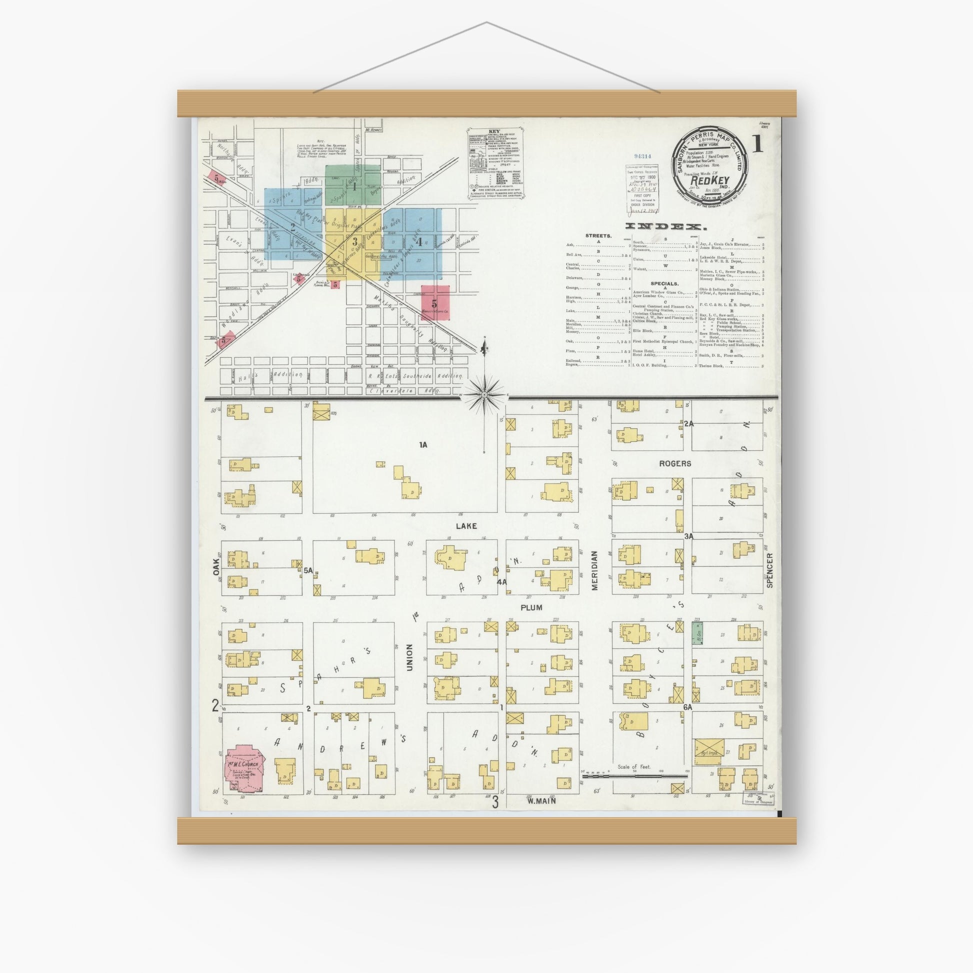 Old map wall art mockup — magnetic wood frame on white wall — Sanborn Fire Insurance Map from Redkey, Jay County, Indiana (1900), Sheet #0001
