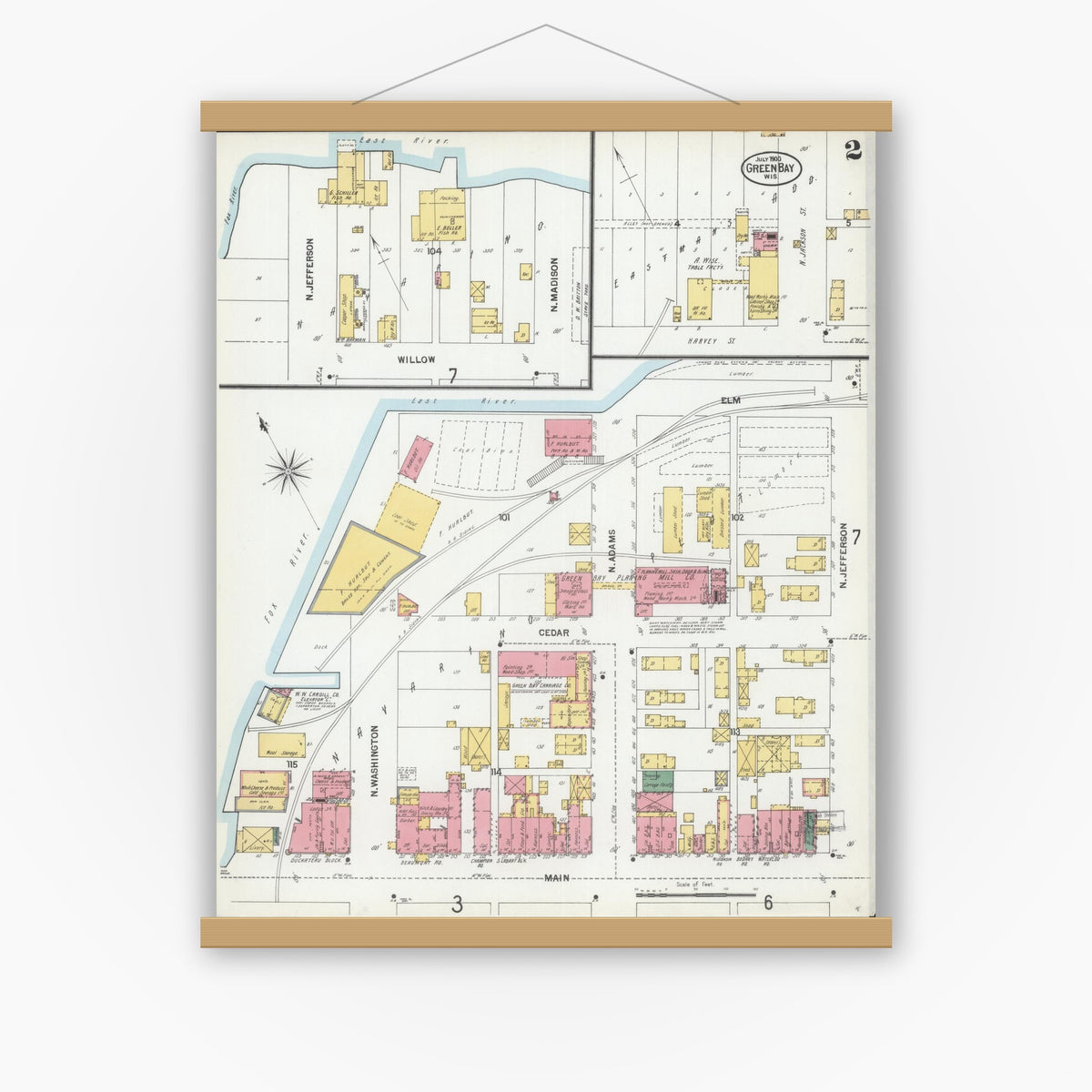 Old map wall art mockup — magnetic wood frame on white wall — Sanborn Fire Insurance Map from Green Bay, Brown County, Wisconsin (1900), Sheet #0002