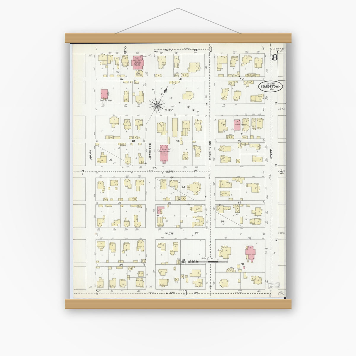 Old map wall art mockup — magnetic wood frame on white wall — Sanborn Fire Insurance Map from Beardstown, Cass County, Illinois (1906), Sheet #0008