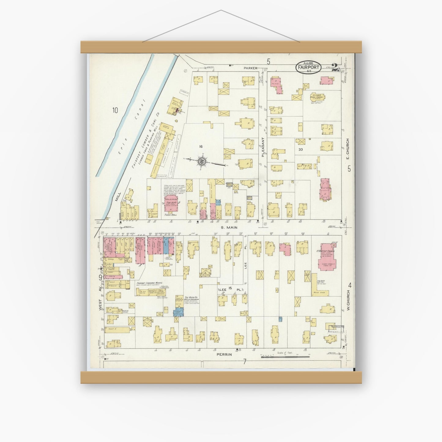 Old map wall art mockup — magnetic wood frame on white wall — Sanborn Fire Insurance Map from Fairport, Monroe County, New York (1915), Sheet #0002