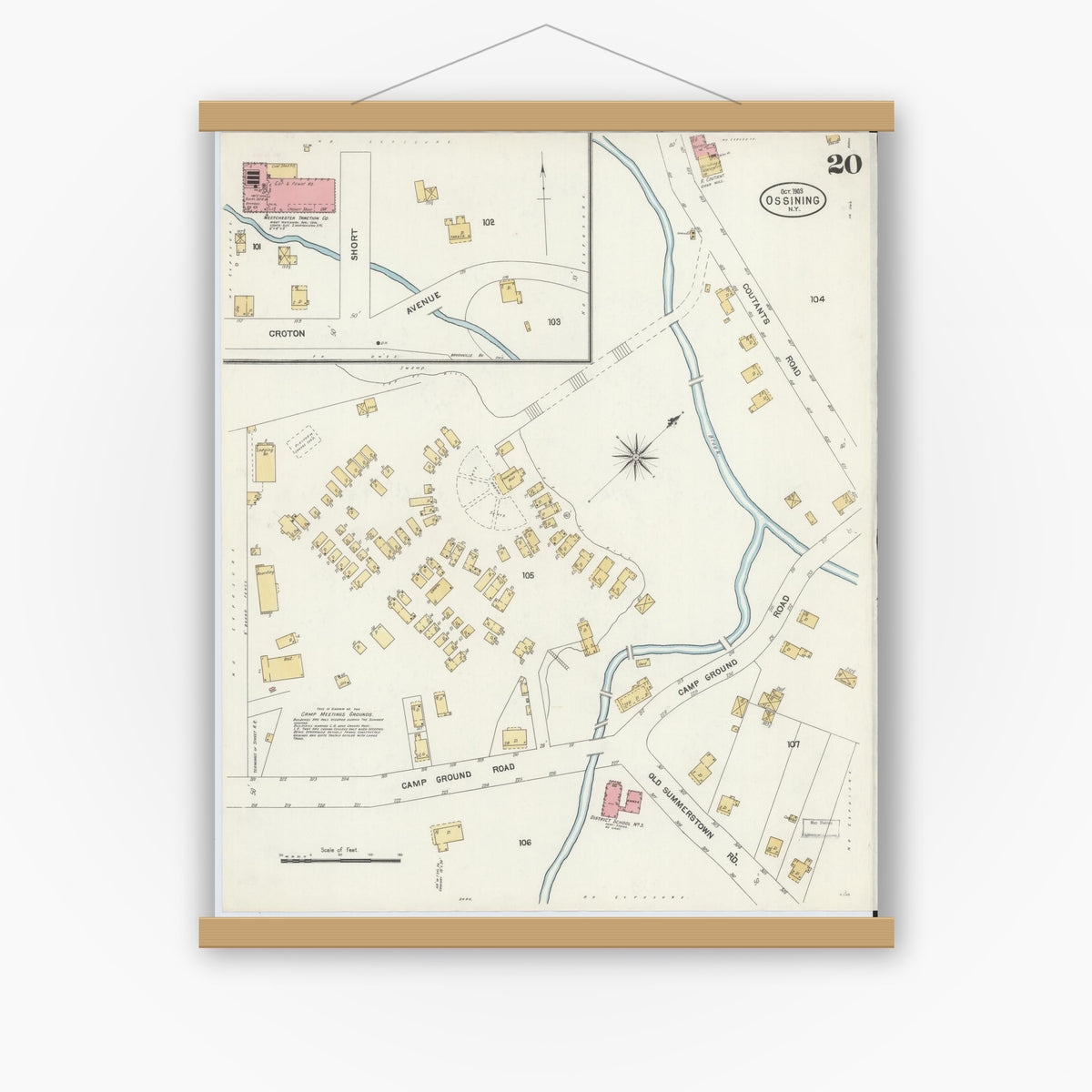 Old map wall art mockup — magnetic wood frame on white wall — Sanborn Fire Insurance Map from Ossining, Westchester County, New York (1903), Sheet #0020