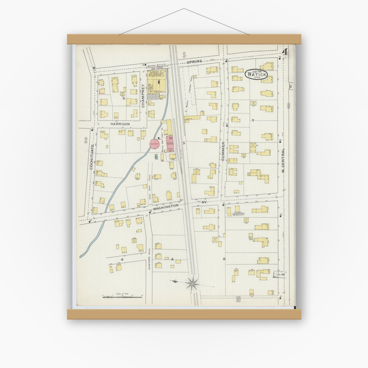 Old map wall art mockup — magnetic wood frame on white wall — Sanborn Fire Insurance Map from Natick, Middlesex County, Massachusetts (1894), Sheet #0004