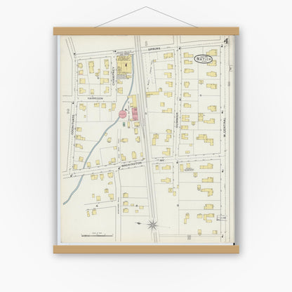 Old map wall art mockup — magnetic wood frame on white wall — Sanborn Fire Insurance Map from Natick, Middlesex County, Massachusetts (1894), Sheet #0004