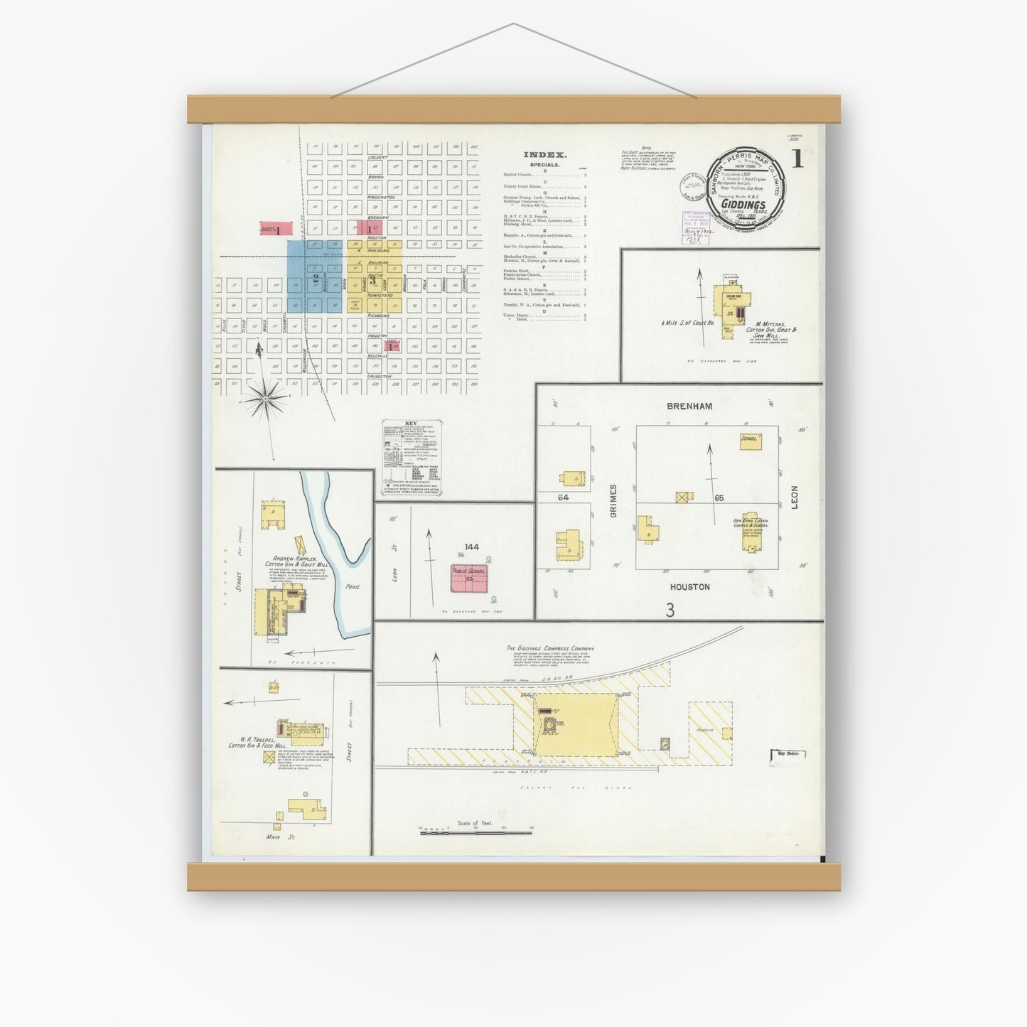 Old map wall art mockup — magnetic wood frame on white wall — Sanborn Fire Insurance Map from Giddings, Lee County, Texas (1901), Sheet #0001