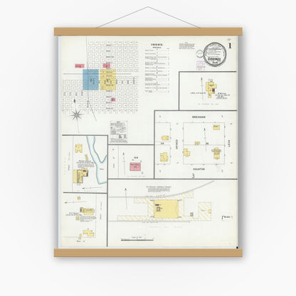 Old map wall art mockup — magnetic wood frame on white wall — Sanborn Fire Insurance Map from Giddings, Lee County, Texas (1901), Sheet #0001