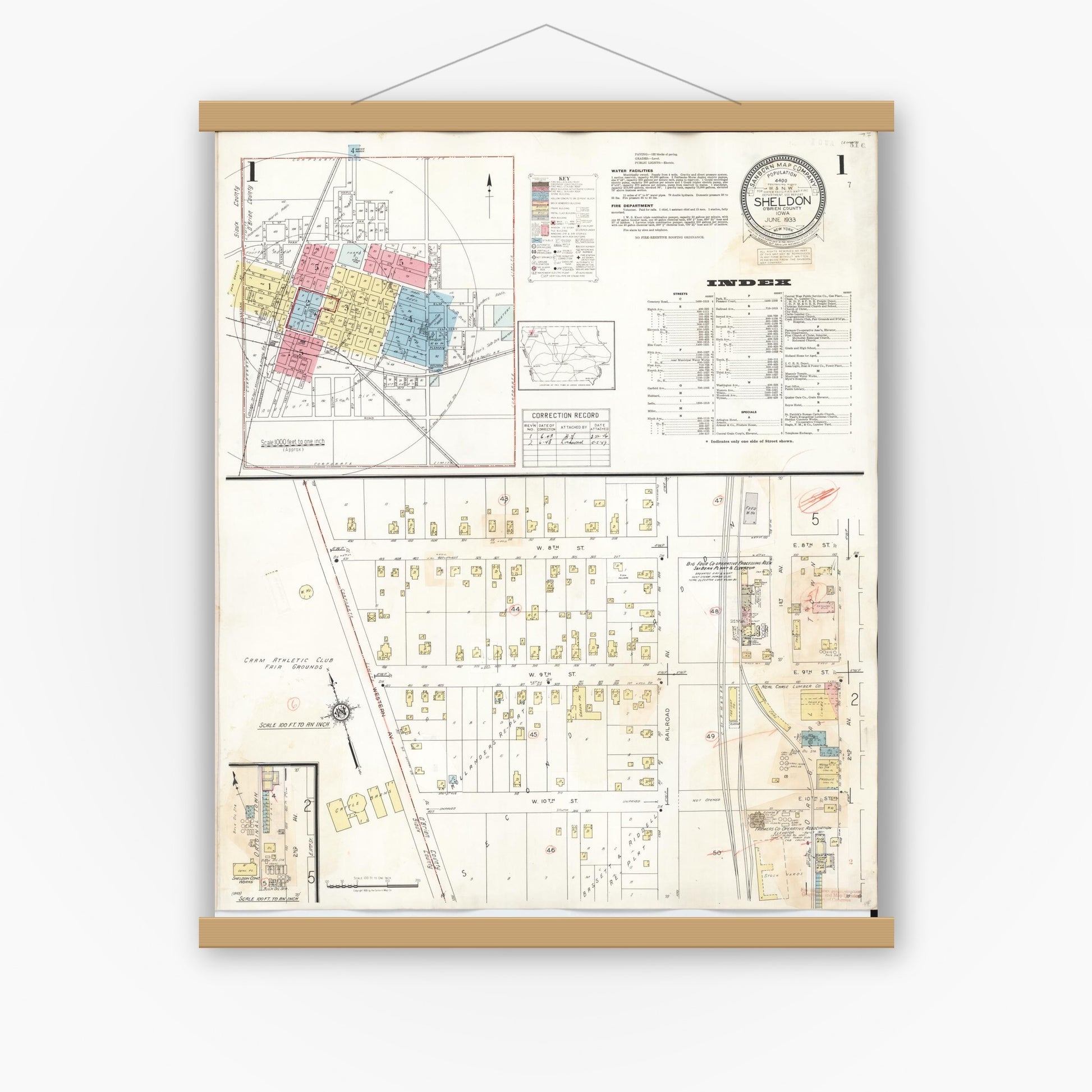 Old map wall art mockup — magnetic wood frame on white wall — Sanborn Fire Insurance Map from Sheldon, O'Brien County, Iowa (1948), Sheet #0001
