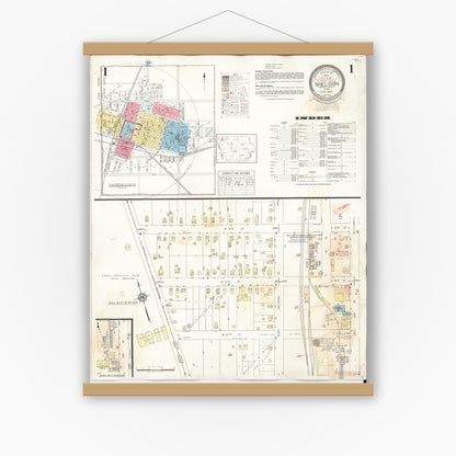 Old map wall art mockup — magnetic wood frame on white wall — Sanborn Fire Insurance Map from Sheldon, O'Brien County, Iowa (1948), Sheet #0001