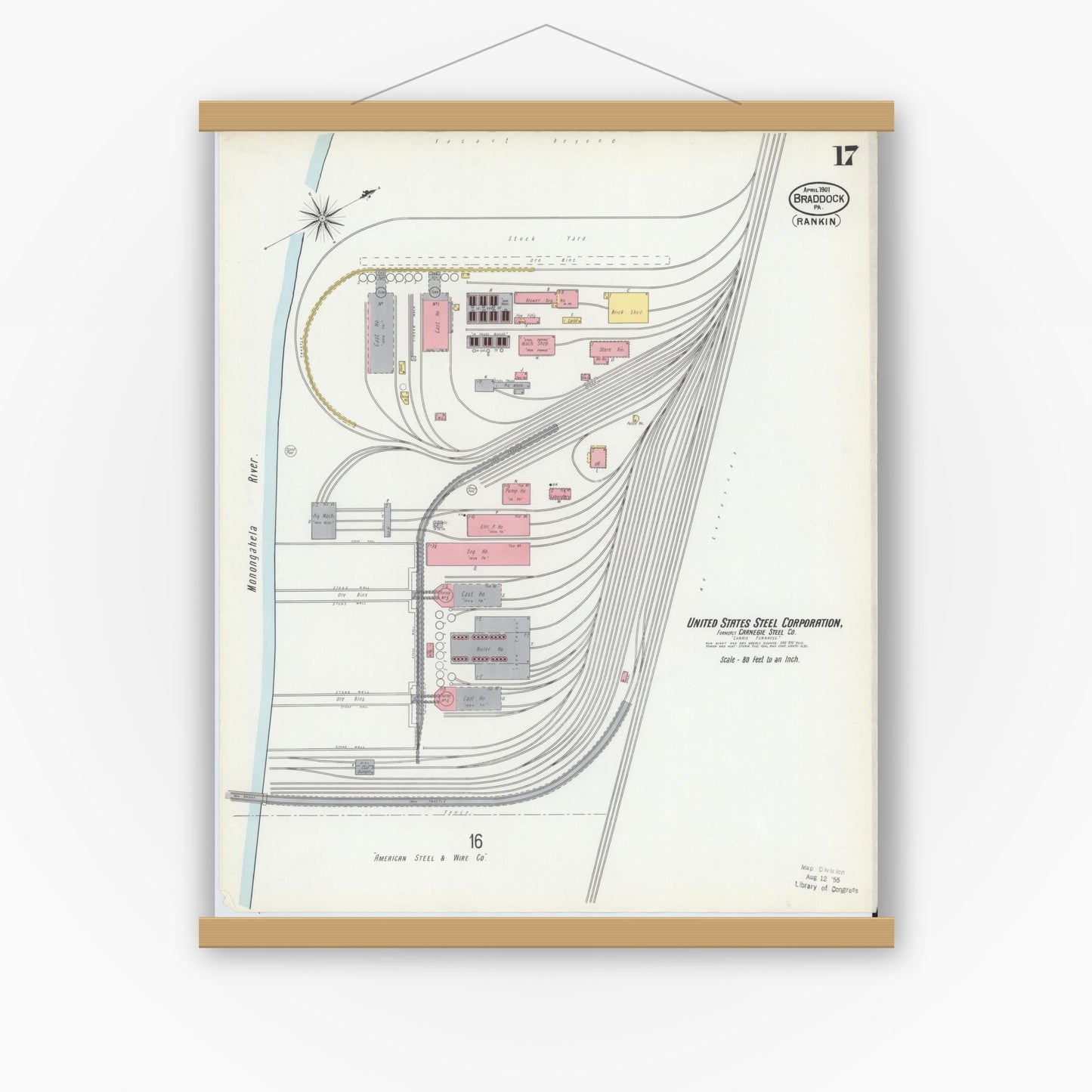 Old map wall art mockup — magnetic wood frame on white wall — Sanborn Fire Insurance Map from Braddock, Allegheny County, Pennsylvania (1901), Sheet #0017