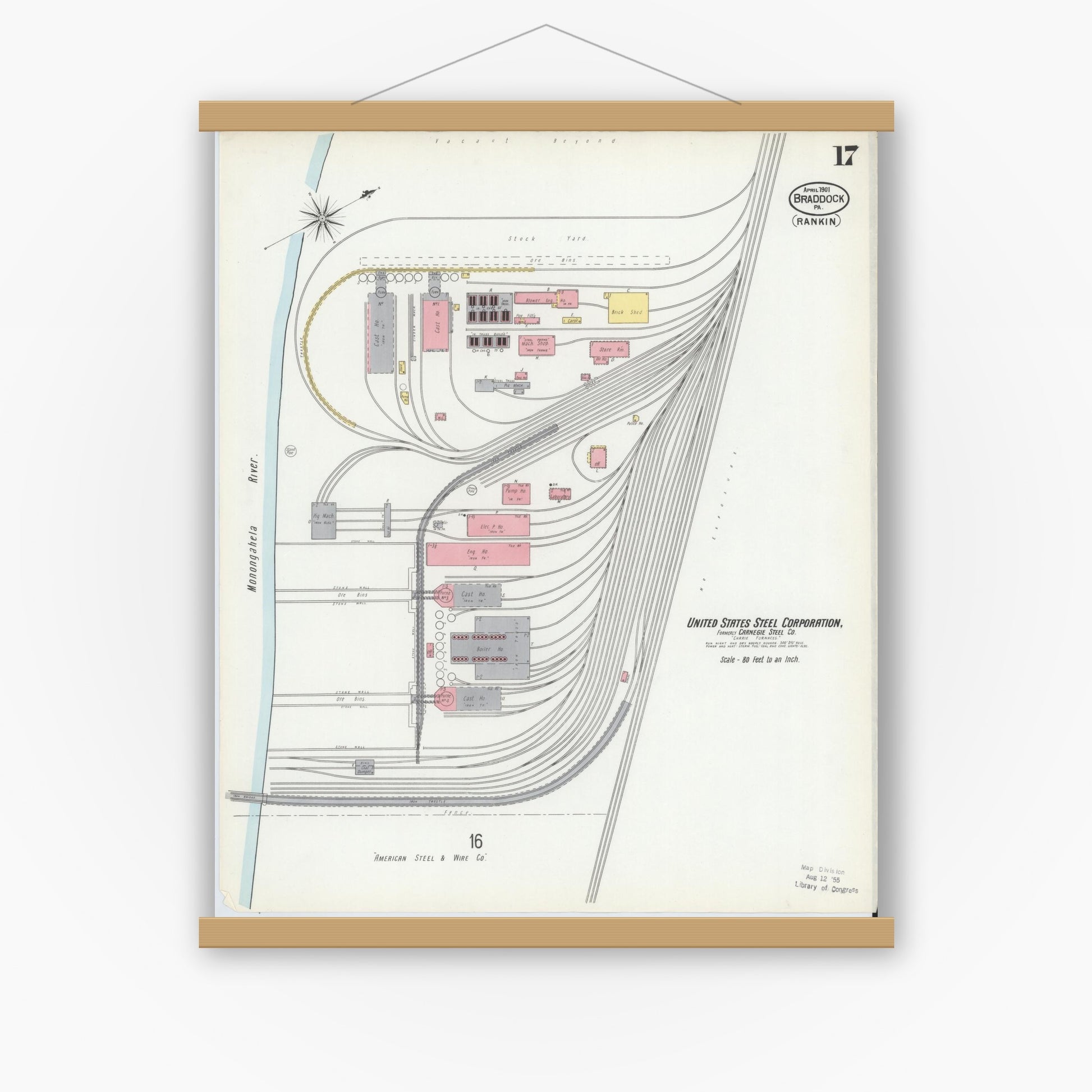 Old map wall art mockup — magnetic wood frame on white wall — Sanborn Fire Insurance Map from Braddock, Allegheny County, Pennsylvania (1901), Sheet #0017