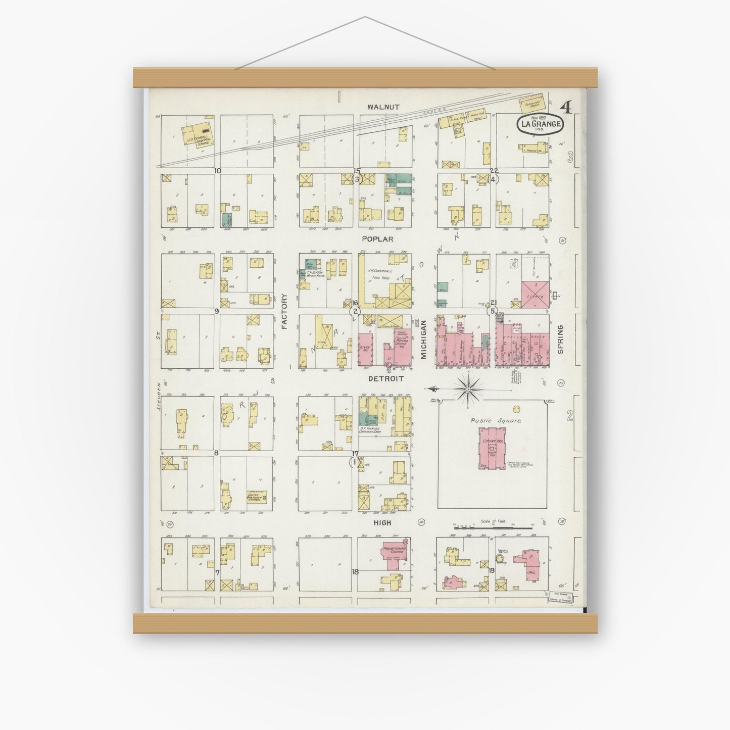 Old map wall art mockup — magnetic wood frame on white wall — Sanborn Fire Insurance Map from Lagrange, LaGrange County, Indiana (1892), Sheet #0004