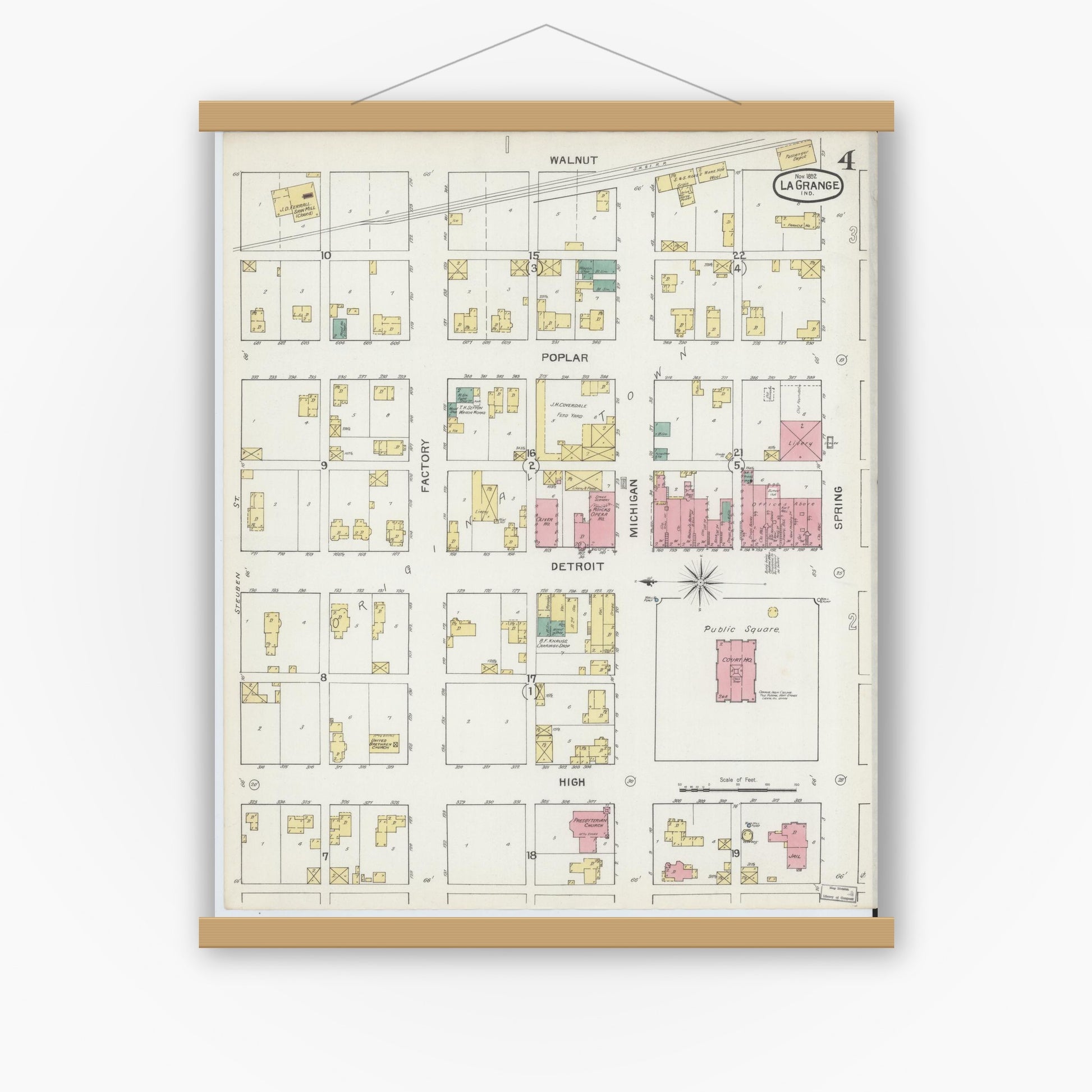 Old map wall art mockup — magnetic wood frame on white wall — Sanborn Fire Insurance Map from Lagrange, LaGrange County, Indiana (1892), Sheet #0004