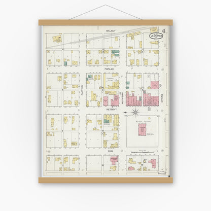 Old map wall art mockup — magnetic wood frame on white wall — Sanborn Fire Insurance Map from Lagrange, LaGrange County, Indiana (1892), Sheet #0004