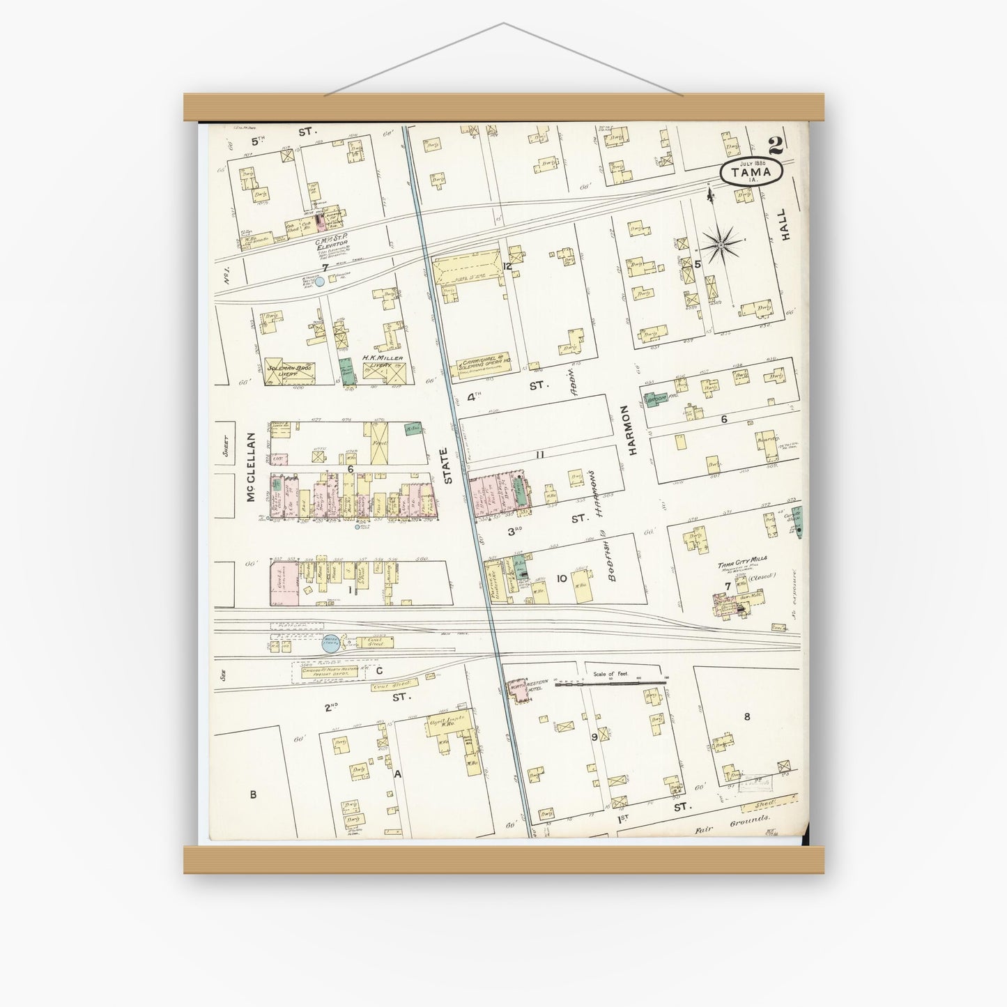Old map wall art mockup — magnetic wood frame on white wall — Sanborn Fire Insurance Map from Tama, Tama County, Iowa (1888), Sheet #0002