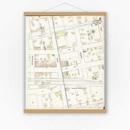 Old map wall art mockup — magnetic wood frame on white wall — Sanborn Fire Insurance Map from Tama, Tama County, Iowa (1888), Sheet #0002