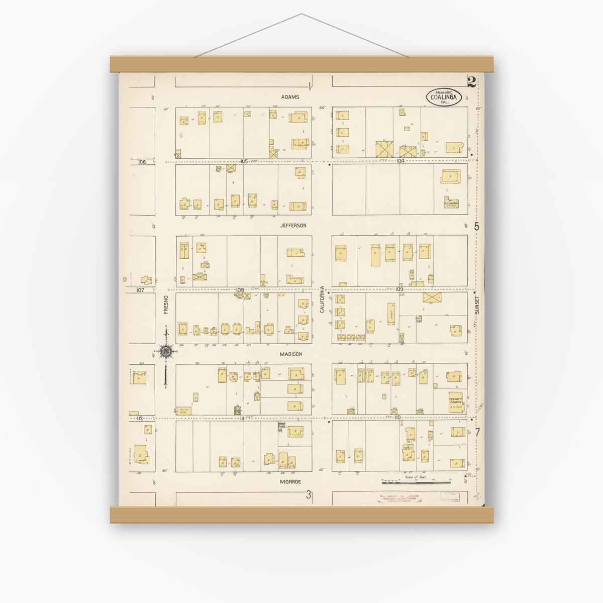 Old map wall art mockup — magnetic wood frame on white wall — Sanborn Fire Insurance Map from Coalinga, Fresno County, California (1910), Sheet #0002