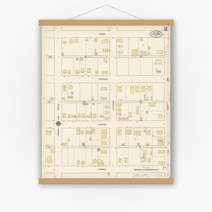 Old map wall art mockup — magnetic wood frame on white wall — Sanborn Fire Insurance Map from Coalinga, Fresno County, California (1910), Sheet #0002