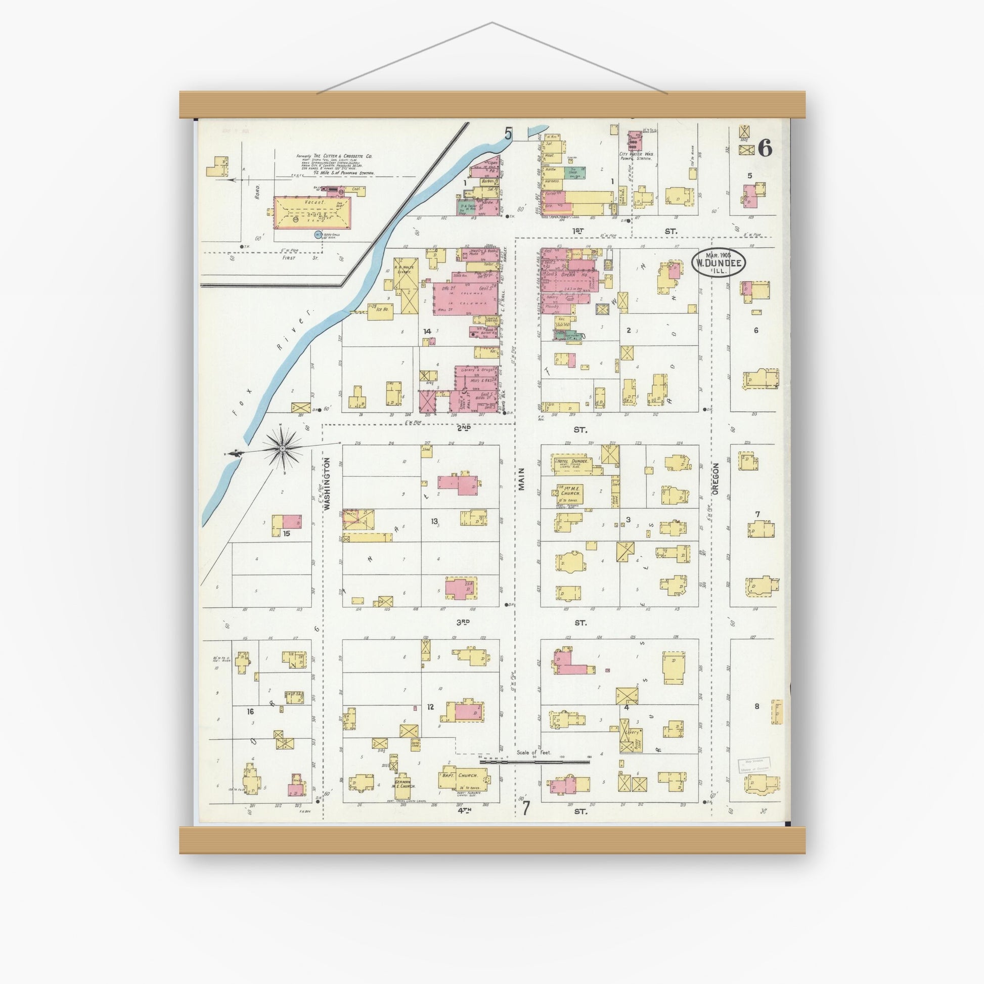 Old map wall art mockup — magnetic wood frame on white wall — Sanborn Fire Insurance Map from Dundee, Kane County, Illinois (1905), Sheet #0006