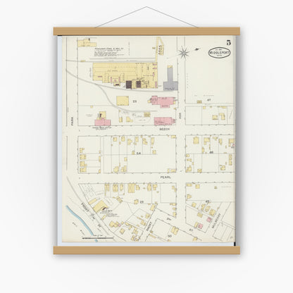Old map wall art mockup — magnetic wood frame on white wall — Sanborn Fire Insurance Map from Middleport, Meigs County, Ohio (1893), Sheet #0005