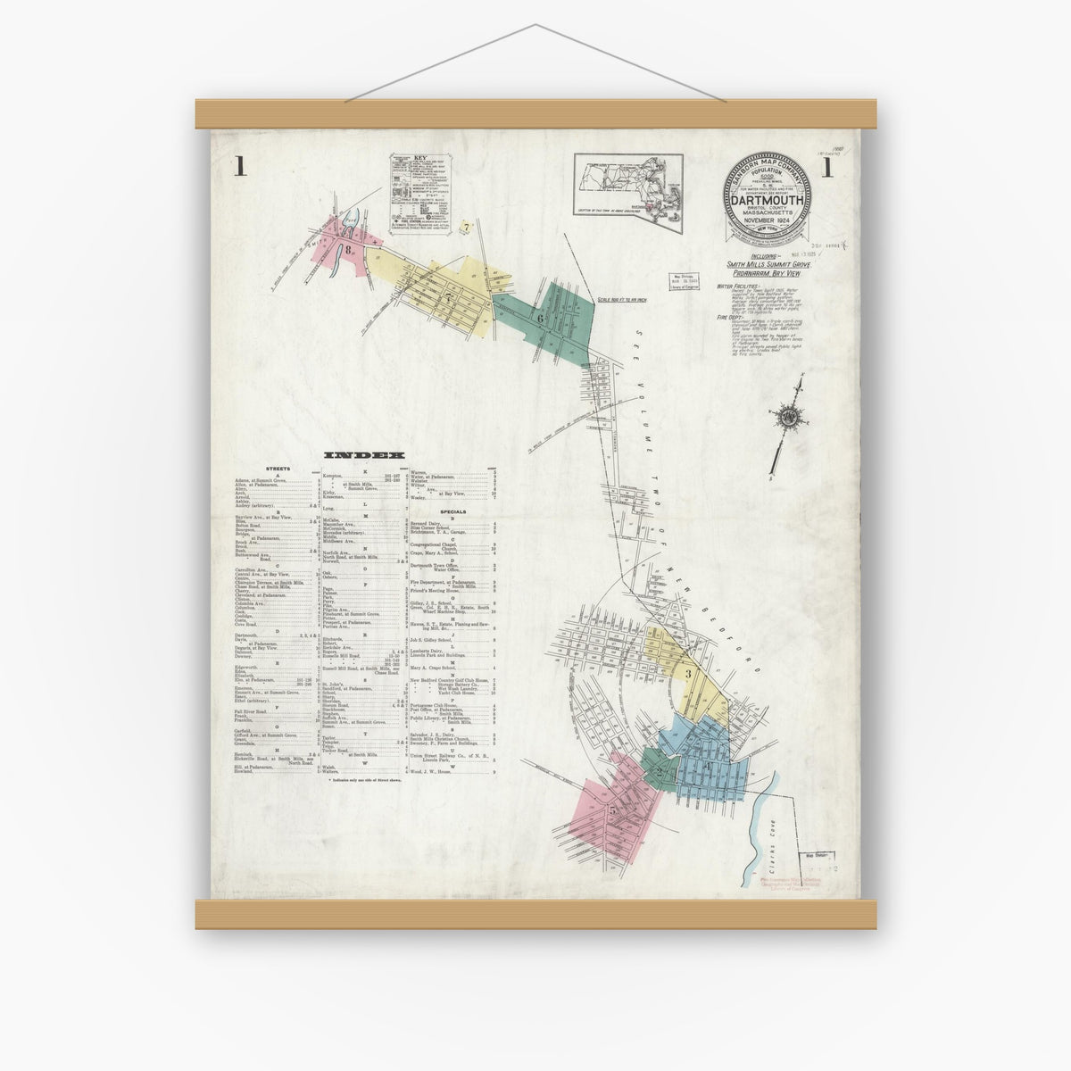 Old map wall art mockup — magnetic wood frame on white wall — Sanborn Fire Insurance Map from Dartmouth, Bristol County, Massachusetts (1924), Sheet #0001