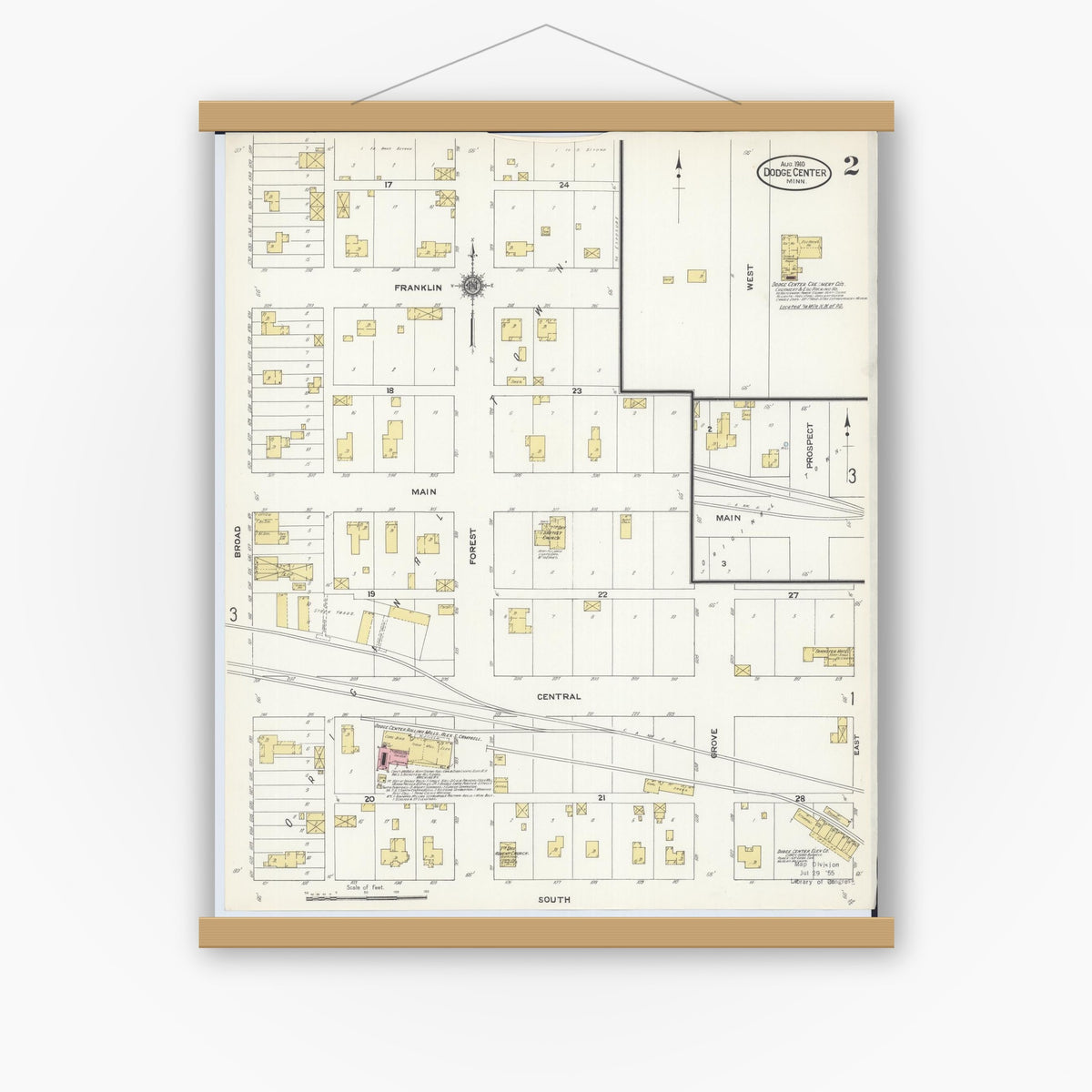 Old map wall art mockup — magnetic wood frame on white wall — Sanborn Fire Insurance Map from Dodge Center, Dodge County, Minnesota (1910), Sheet #0002