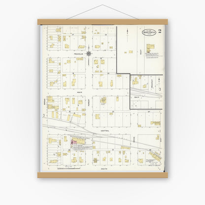 Old map wall art mockup — magnetic wood frame on white wall — Sanborn Fire Insurance Map from Dodge Center, Dodge County, Minnesota (1910), Sheet #0002