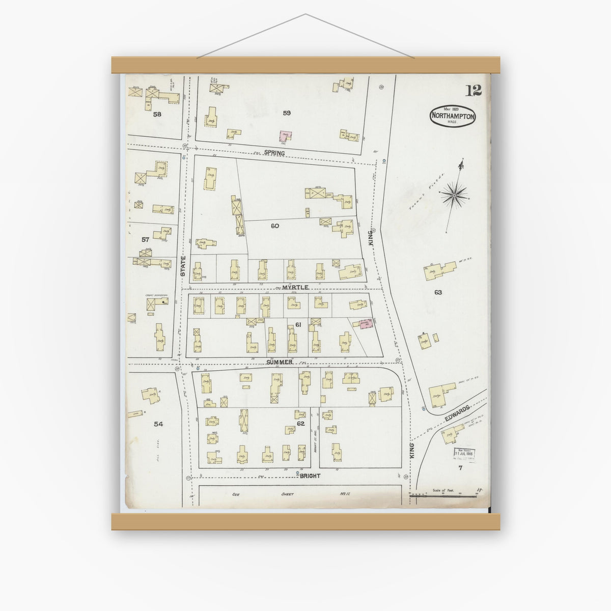 Old map wall art mockup — magnetic wood frame on white wall — Sanborn Fire Insurance Map from Northampton, Hampshire County, Massachusetts (1889), Sheet #0012