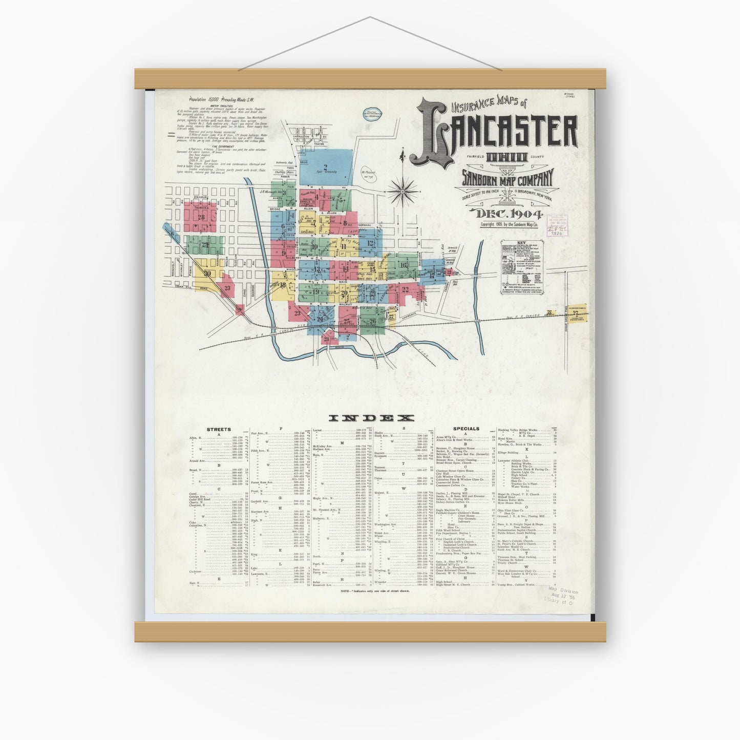 Old map wall art mockup — magnetic wood frame on white wall — Sanborn Fire Insurance Map from Lancaster, Fairfield County, Ohio (1904) - Complete Map Set