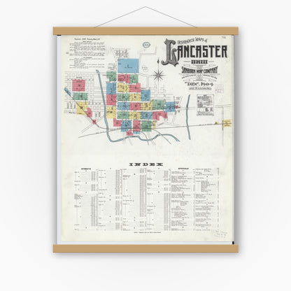 Old map wall art mockup — magnetic wood frame on white wall — Sanborn Fire Insurance Map from Lancaster, Fairfield County, Ohio (1904) - Complete Map Set