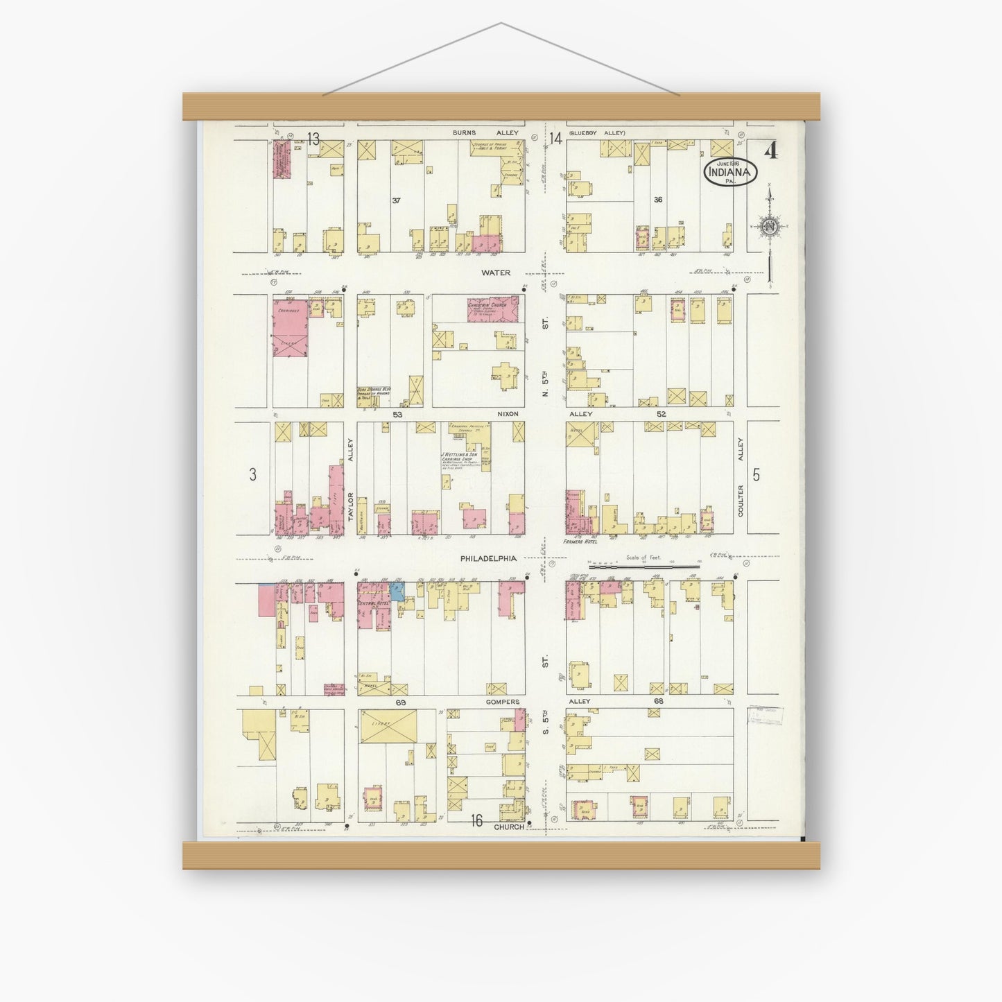 Old map wall art mockup — magnetic wood frame on white wall — Sanborn Fire Insurance Map from Indiana, Indiana County, Pennsylvania (1916), Sheet #0004