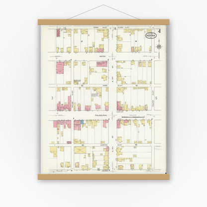 Old map wall art mockup — magnetic wood frame on white wall — Sanborn Fire Insurance Map from Indiana, Indiana County, Pennsylvania (1916), Sheet #0004