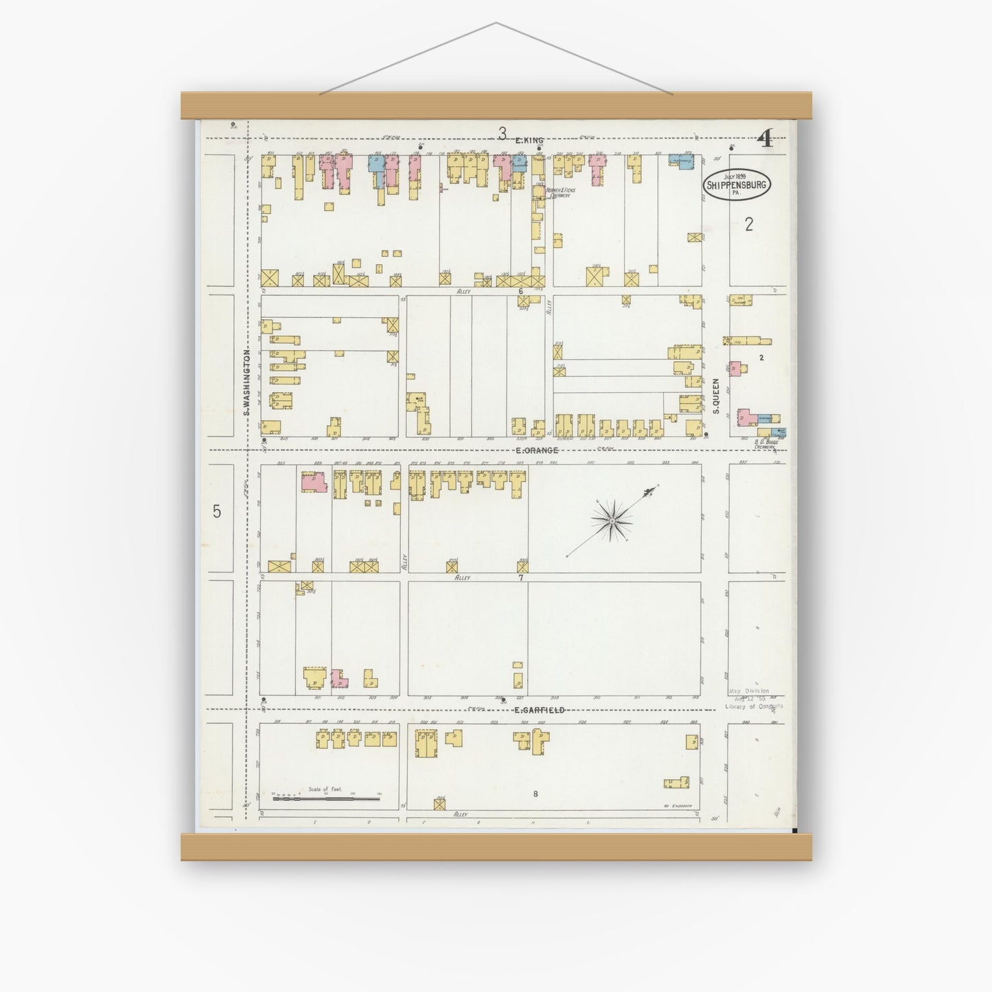 Old map wall art mockup — magnetic wood frame on white wall — Sanborn Fire Insurance Map from Shippensburg, Cumberland And Franklin Counties, Pennsylvania (1899), Sheet #0004
