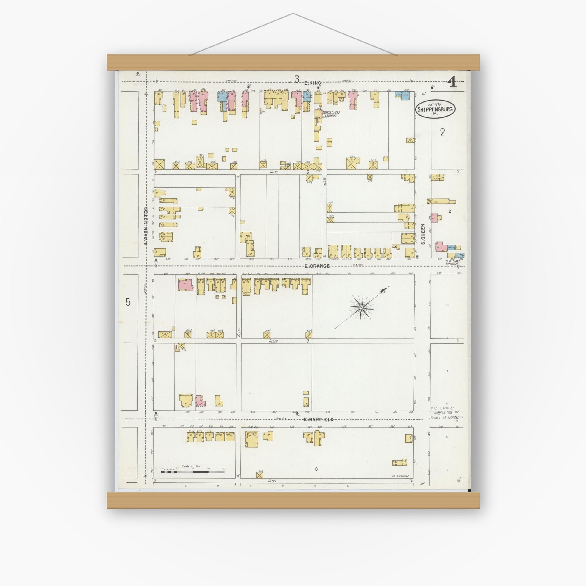 Old map wall art mockup — magnetic wood frame on white wall — Sanborn Fire Insurance Map from Shippensburg, Cumberland And Franklin Counties, Pennsylvania (1899), Sheet #0004