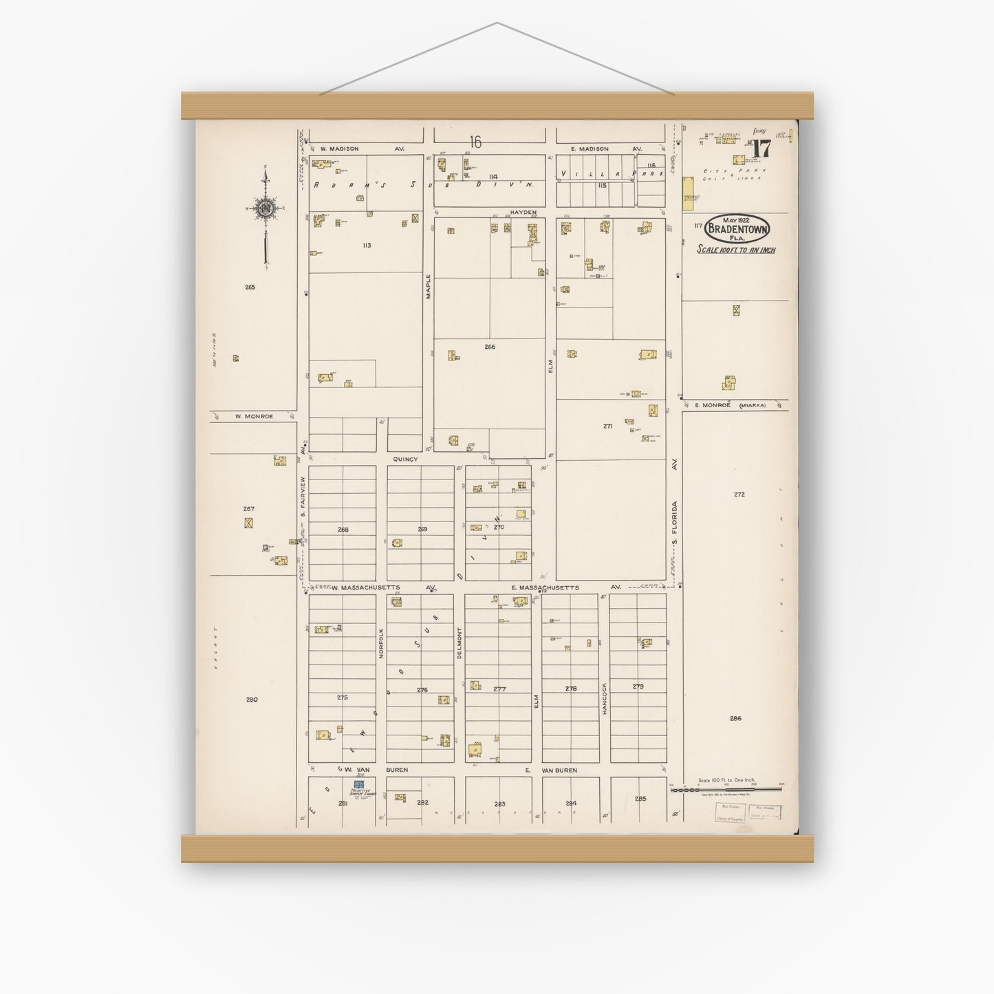 Old map wall art mockup — magnetic wood frame on white wall — Sanborn Fire Insurance Map from Bradentown, Manatee County, Florida (1922), Sheet #0017