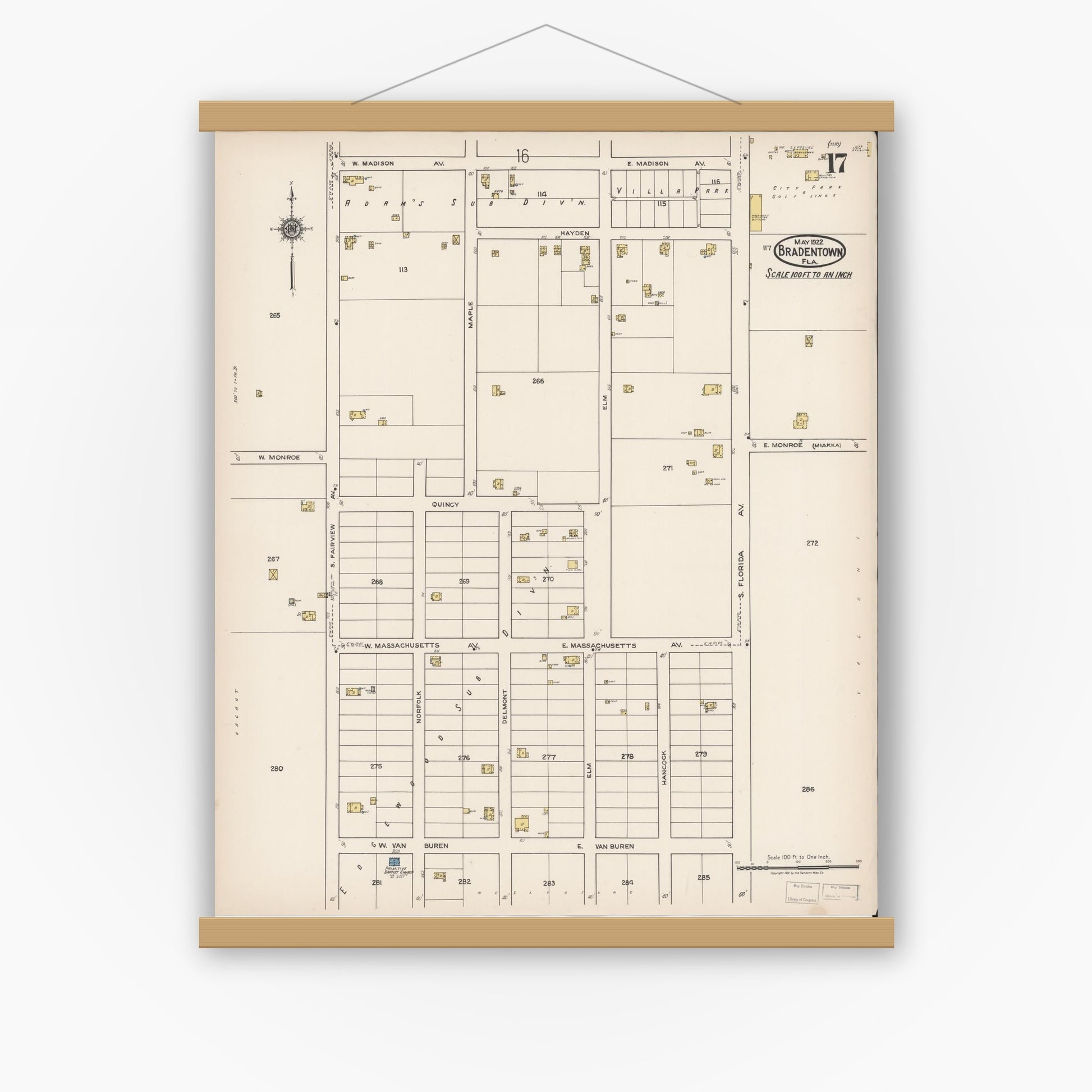 Old map wall art mockup — magnetic wood frame on white wall — Sanborn Fire Insurance Map from Bradentown, Manatee County, Florida (1922), Sheet #0017
