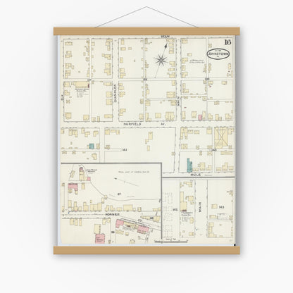 Old map wall art mockup — magnetic wood frame on white wall — Sanborn Fire Insurance Map from Johnstown, Cambria County, Pennsylvania (1891), Sheet #0016