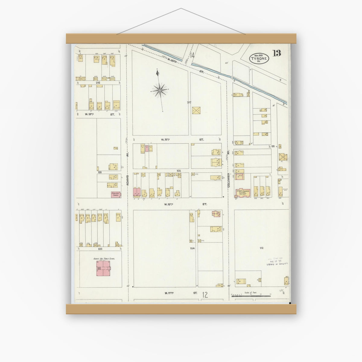 Old map wall art mockup — magnetic wood frame on white wall — Sanborn Fire Insurance Map from Tyrone, Blair County, Pennsylvania (1906), Sheet #0013