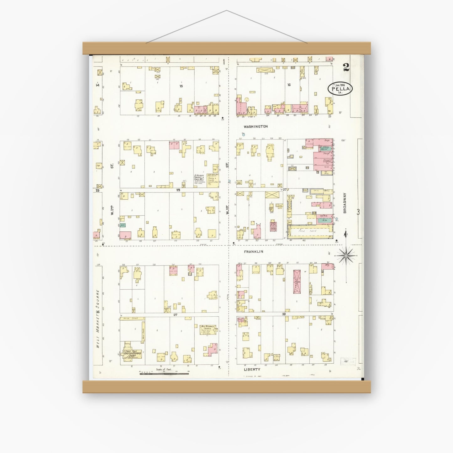 Old map wall art mockup — magnetic wood frame on white wall — Sanborn Fire Insurance Map from Pella, Marion County, Iowa (1906), Sheet #0002