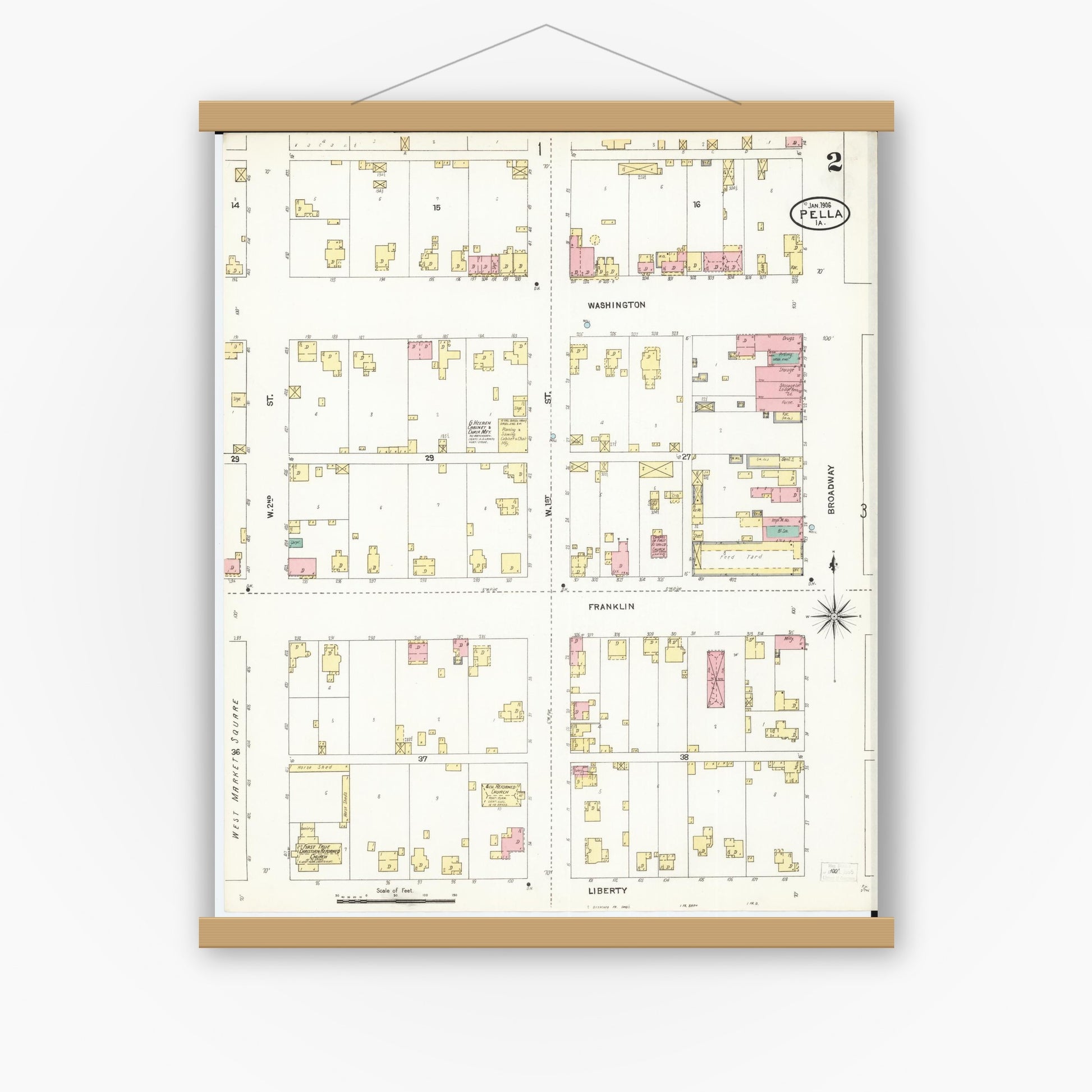 Old map wall art mockup — magnetic wood frame on white wall — Sanborn Fire Insurance Map from Pella, Marion County, Iowa (1906), Sheet #0002