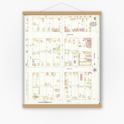 Old map wall art mockup — magnetic wood frame on white wall — Sanborn Fire Insurance Map from Pella, Marion County, Iowa (1906), Sheet #0002